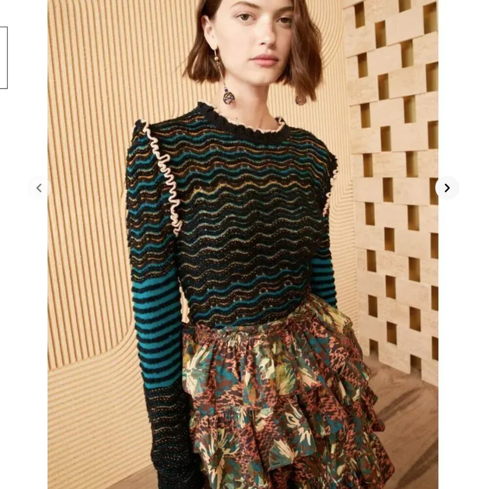Ulla Johnson | Shirin Pullover Malachite Cosmic Wave Knit Sweater Ruffle Size S